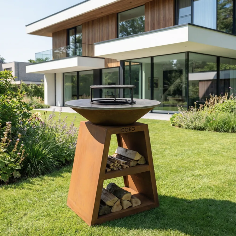 Brasero COEO en acier Corten pour cuisiner en extérieur, plancha et grille