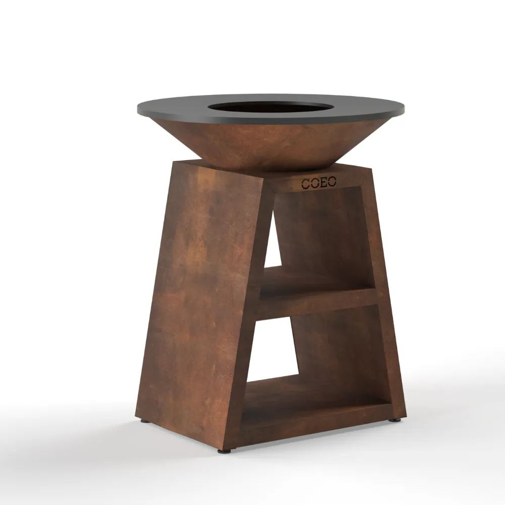 3-in-1 COEO TRIO82 fire pit in Corten steel with circular plancha and log storage